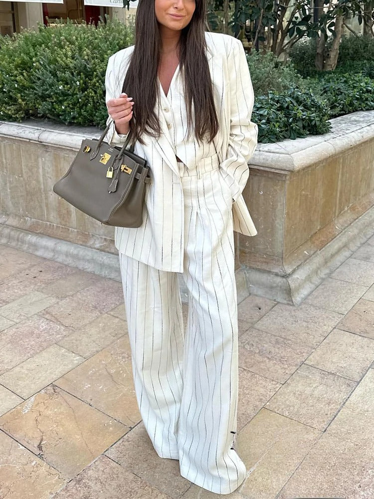 Blazer Set - Women's 2-Piece Striped Blazer Vest Wide Leg Pants Co-Ord Set-Grace Aura