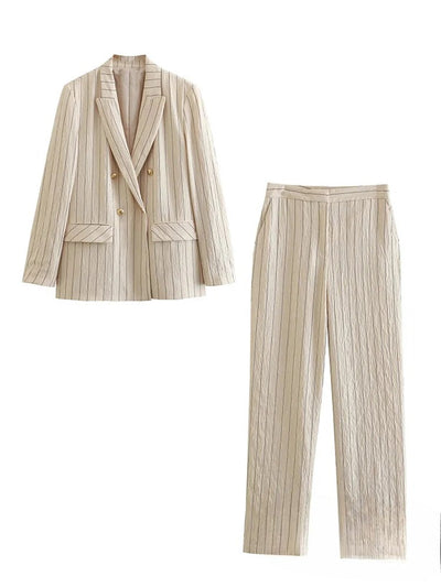 Blazer Set - Women's 2-Piece Striped Blazer Vest Wide Leg Pants Co-Ord Set-Grace Aura