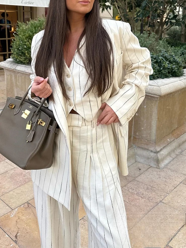 Blazer Set - Women's 2-Piece Striped Blazer Vest Wide Leg Pants Co-Ord Set-Grace Aura