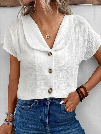 Blouse - Women's Short Sleeve V-Neck Button-Up Summer Blouse-Grace Aura