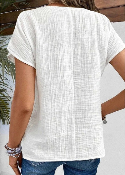 Blouse - Women's Short Sleeve V-Neck Button-Up Summer Blouse-Grace Aura