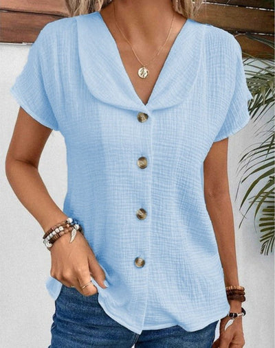 Blouse - Women's Short Sleeve V-Neck Button-Up Summer Blouse-Grace Aura