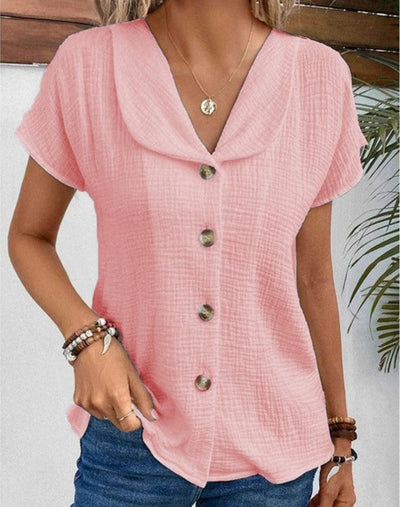 Blouse - Women's Short Sleeve V-Neck Button-Up Summer Blouse-Grace Aura