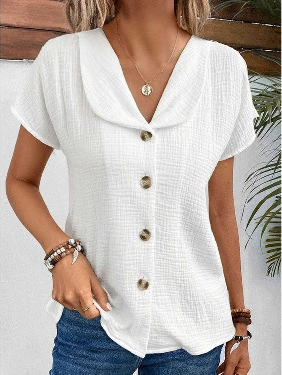 Blouse - Women's Short Sleeve V-Neck Button-Up Summer Blouse-Grace Aura