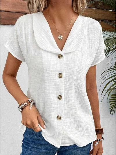 Blouse - Women's Short Sleeve V-Neck Button-Up Summer Blouse-Grace Aura