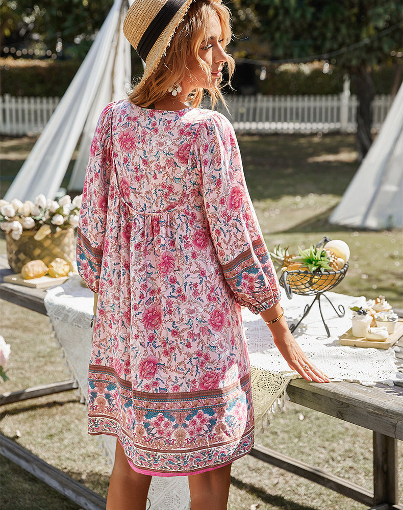 Boho Dress - Long Sleeve - Floral - Mini Dress - Summer Dress-Grace Aura