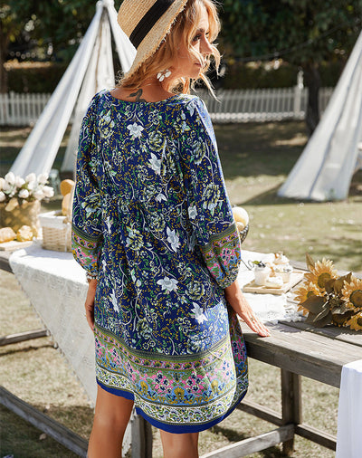 Boho Dress - Long Sleeve - Floral - Mini Dress - Summer Dress-Grace Aura