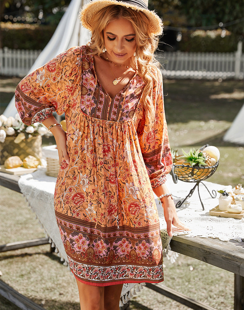 Boho Dress - Long Sleeve - Floral - Mini Dress - Summer Dress-Grace Aura