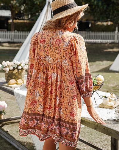 Boho Dress - Long Sleeve - Floral - Mini Dress - Summer Dress-Grace Aura