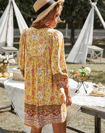 Boho Dress - Long Sleeve - Floral - Mini Dress - Summer Dress-Grace Aura