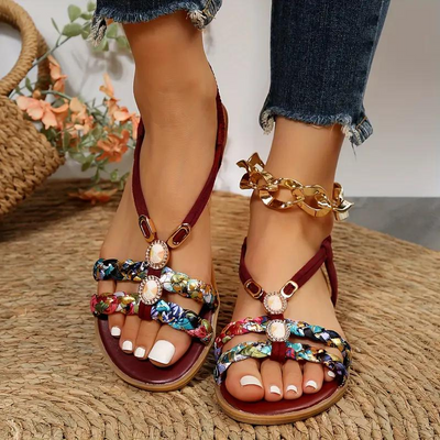 Boho Sandals - Slip On - Elastic Strap - Flat Sandals - Summer Shoes-Grace Aura