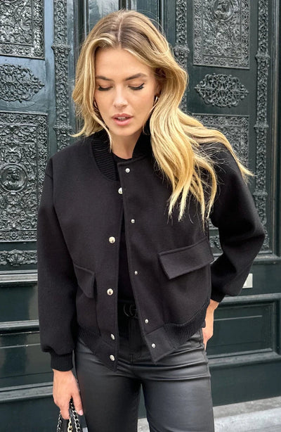 Bomber Jacket - Women's Button-Up Short Aviator Jacket-Grace Aura