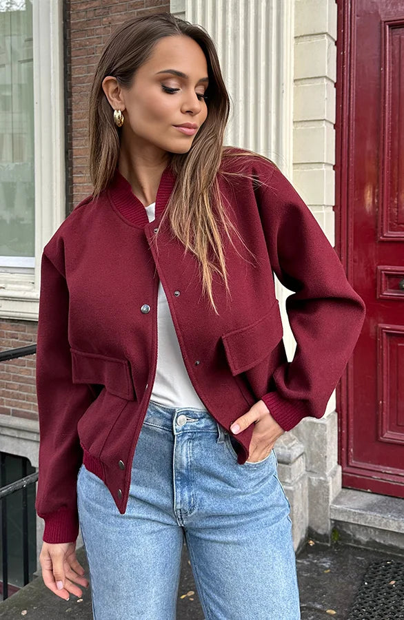 Bomber Jacket - Women's Button-Up Short Aviator Jacket-Grace Aura