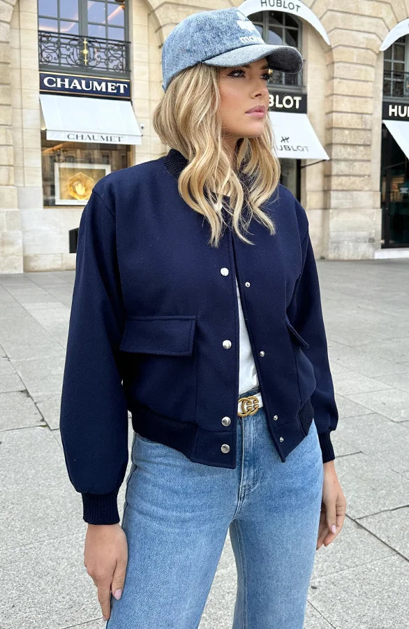 Bomber Jacket - Women's Button-Up Short Aviator Jacket-Grace Aura