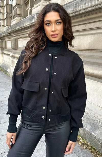 Bomber Jacket - Women's Button-Up Short Aviator Jacket-Grace Aura