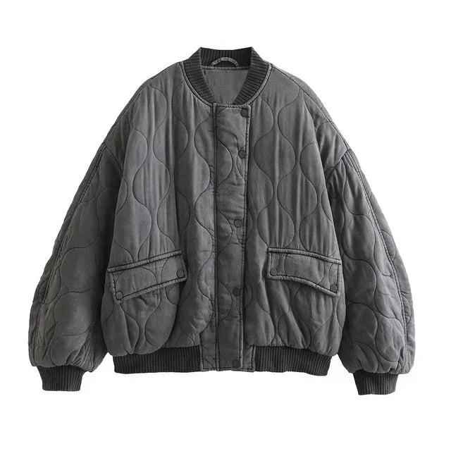 Bomber Jacket - Women's Gray Zip-Up Oversized Winter Bomber Jacket -Grace Aura