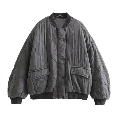 Bomber Jacket - Women's Gray Zip-Up Oversized Winter Bomber Jacket -Grace Aura