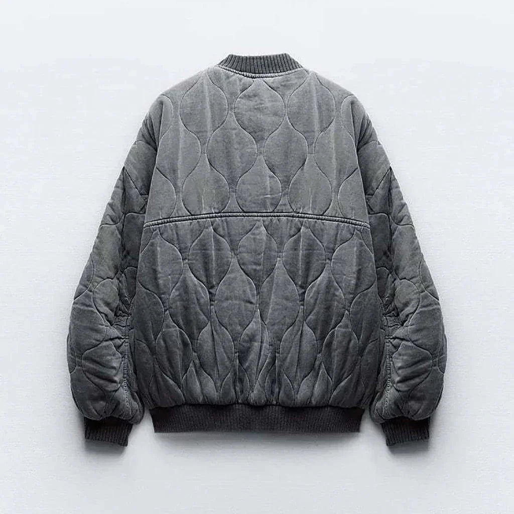 Bomber Jacket - Women's Gray Zip-Up Oversized Winter Bomber Jacket -Grace Aura