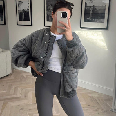Bomber Jacket - Women's Gray Zip-Up Oversized Winter Bomber Jacket -Grace Aura