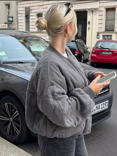 Bomber Jacket - Women's Gray Zip-Up Oversized Winter Bomber Jacket -Grace Aura
