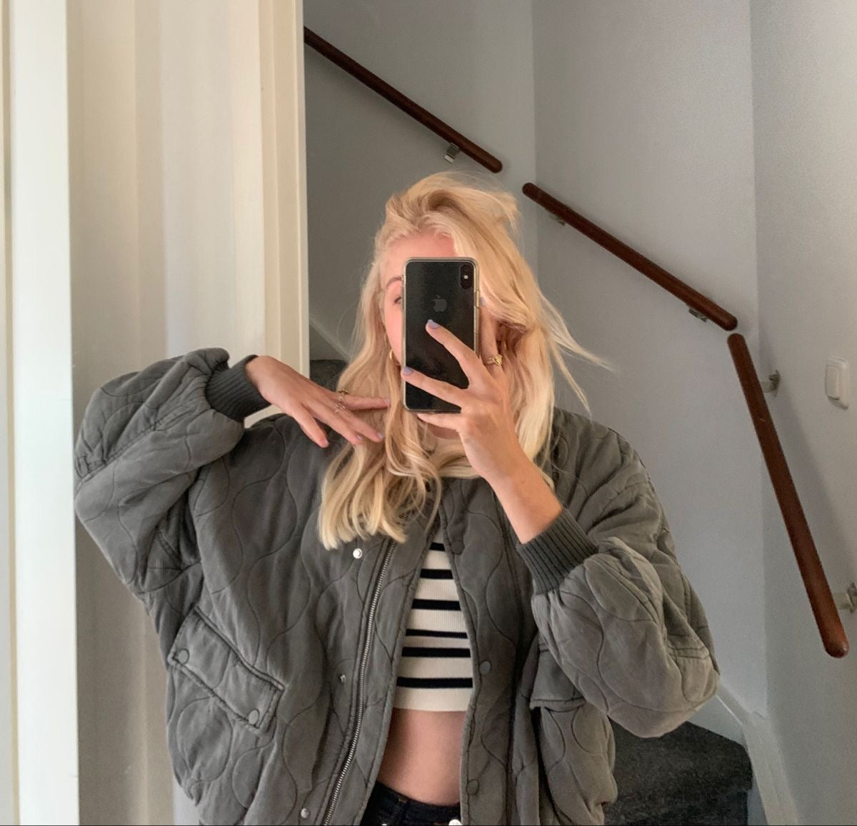 Bomber Jacket - Women's Gray Zip-Up Oversized Winter Bomber Jacket -Grace Aura