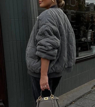 Bomber Jacket - Women's Gray Zip-Up Oversized Winter Bomber Jacket -Grace Aura