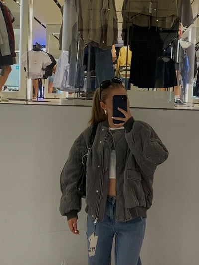 Bomber Jacket - Women's Gray Zip-Up Oversized Winter Bomber Jacket -Grace Aura