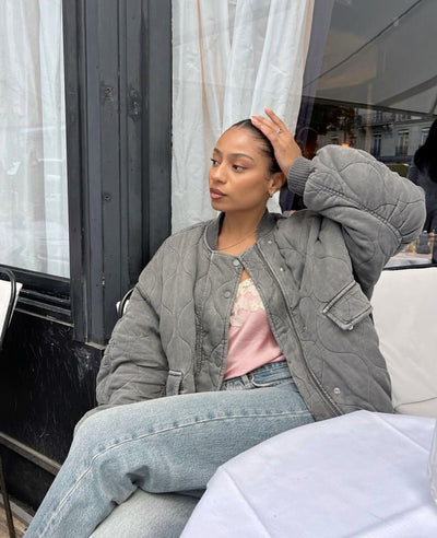 Bomber Jacket - Women's Gray Zip-Up Oversized Winter Bomber Jacket -Grace Aura