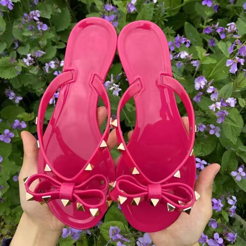 Bow Flip Flops - Women's Flat Rivet Stud Slip-On Sandals-Grace Aura