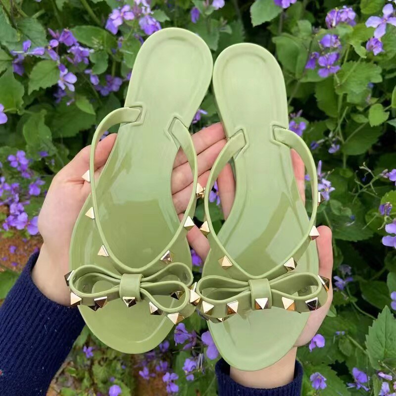Bow Flip Flops - Women's Flat Rivet Stud Slip-On Sandals-Grace Aura