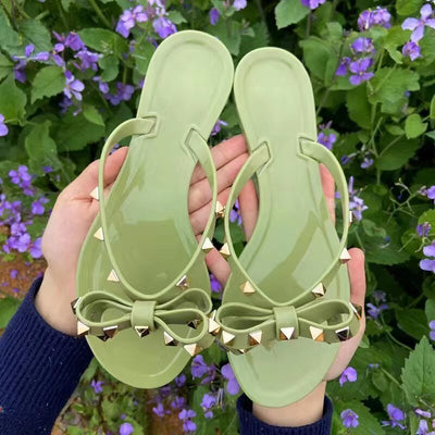 Bow Flip Flops - Women's Flat Rivet Stud Slip-On Sandals-Grace Aura