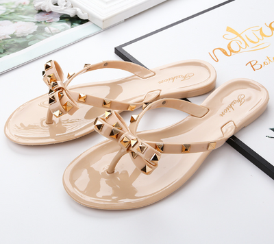 Bow Flip Flops - Women's Flat Rivet Stud Slip-On Sandals-Grace Aura