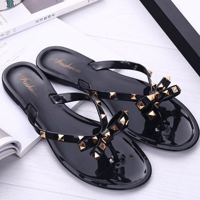Bow Flip Flops - Women's Flat Rivet Stud Slip-On Sandals-Grace Aura