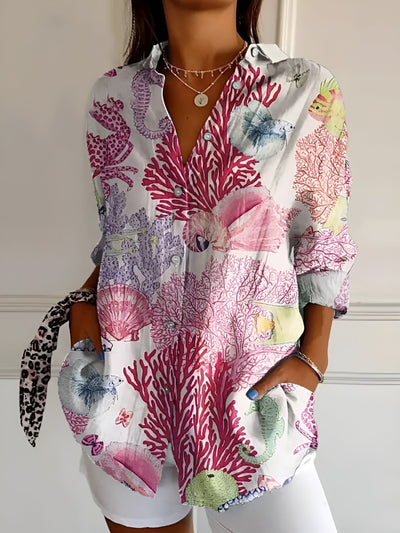 Button-Up Blouse | Printed | Loose Fit | Long Sleeve Blouse | Button-Up Shirts for Women-Grace Aura