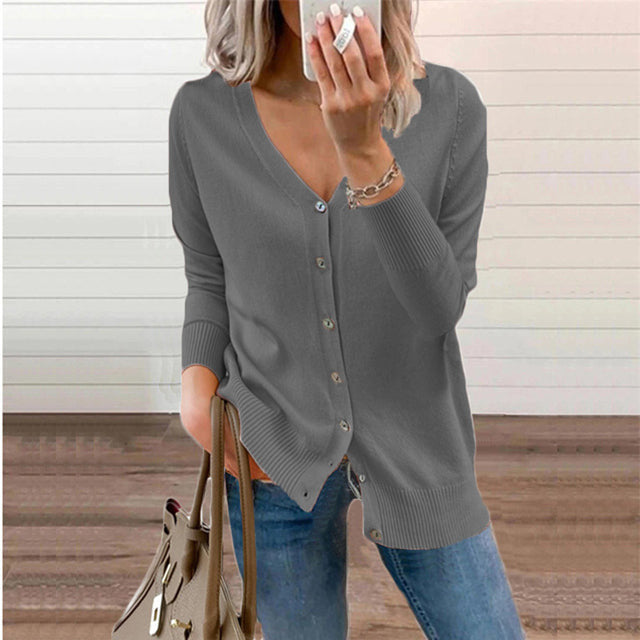 Button-Up Cardigan - Women's Classic Loose Fit Thin V-Neck Cardigan-Grace Aura