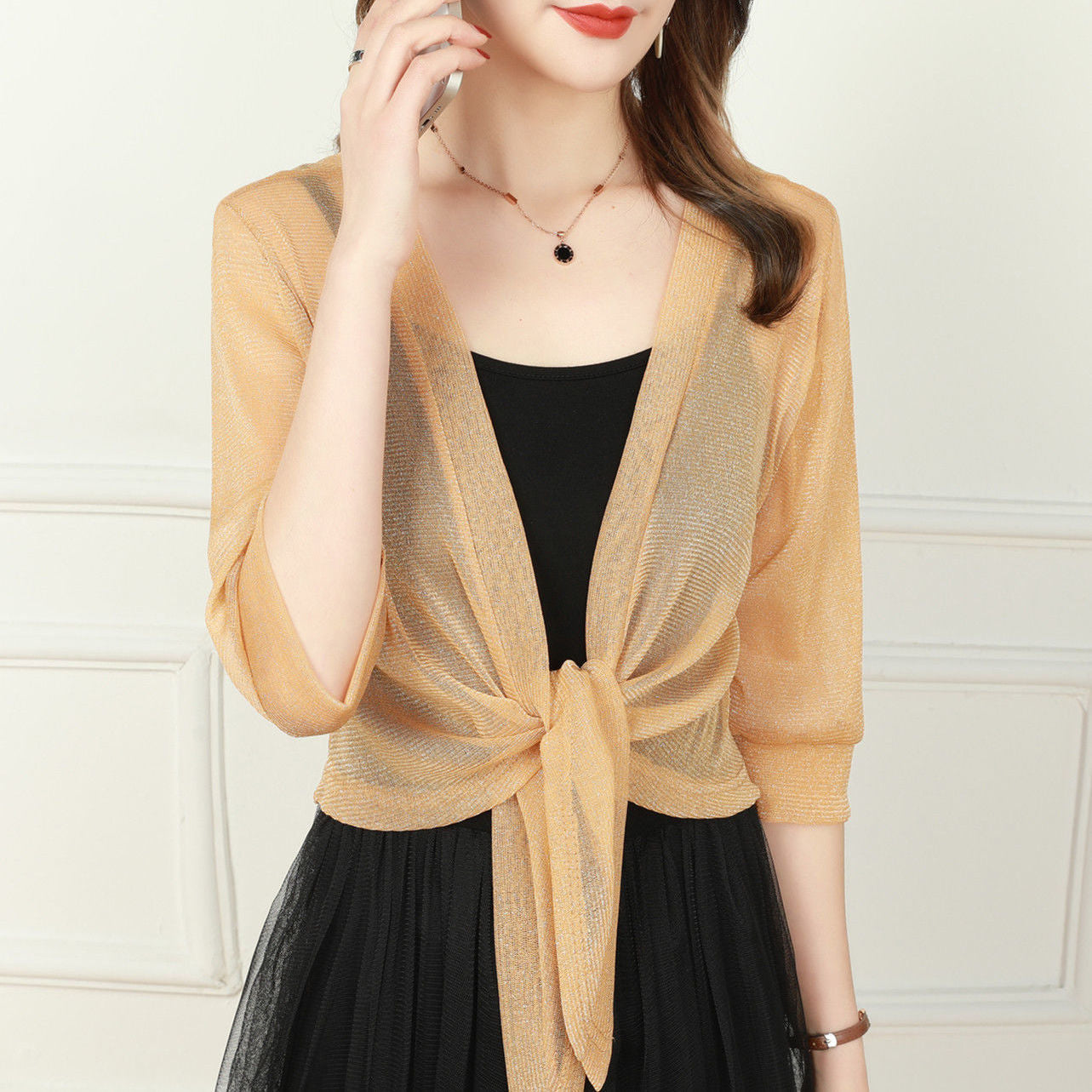 Chiffon Blouse - Women's Lightweight Tie-Front Chiffon Cardigan-Grace Aura