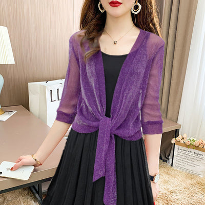 Chiffon Blouse - Women's Lightweight Tie-Front Chiffon Cardigan-Grace Aura