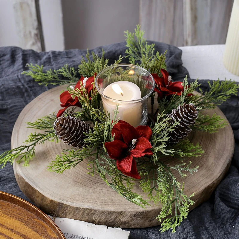 Christmas Candle Ring - Artificial - Centerpiece - Christmas Candle Wreath - Xmas Table Decoration-Grace Aura