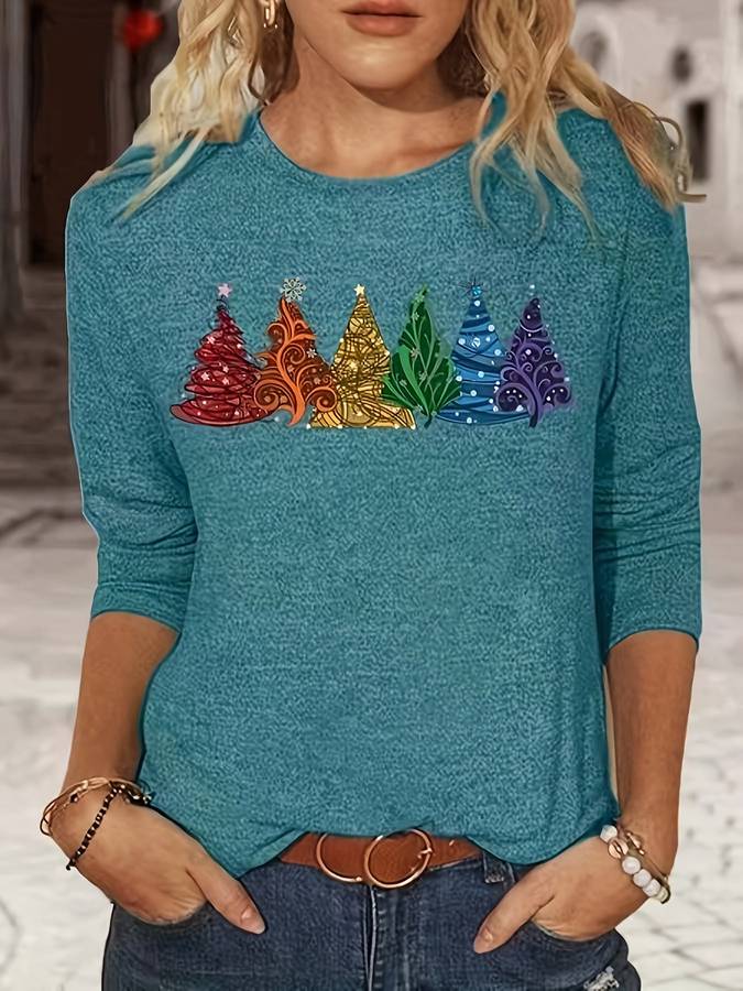 Christmas Pullover - Women's Loose Fit Christmas Tree Long Sleeve Shirt-Grace Aura