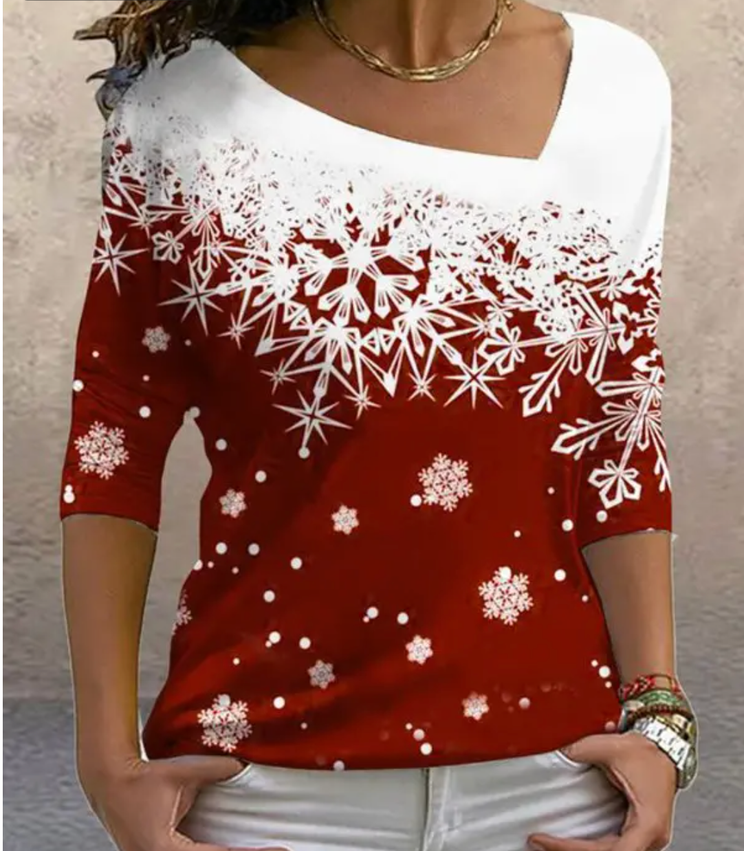 Christmas Sweater - Women's Red Long Sleeve Snowflake Blouse-Grace Aura