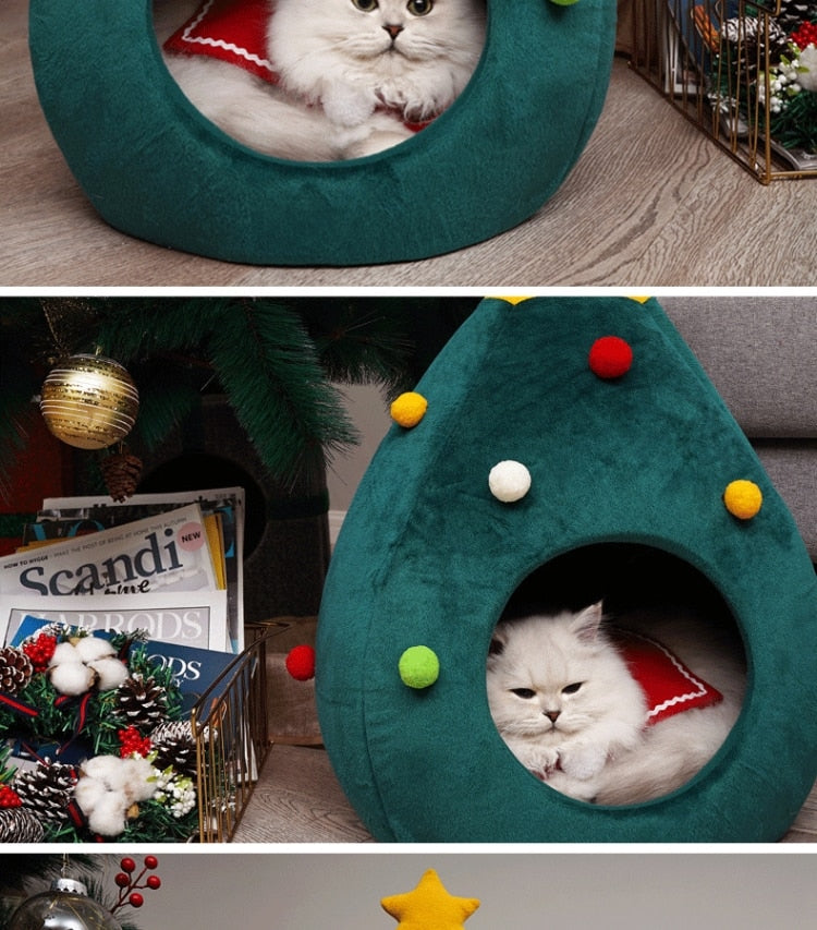 Christmas Tree Cat House - Cozy - Green - Christmas Cat Bed - Holiday Cat House-Grace Aura