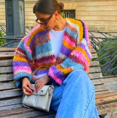 Chunky Cardigan - Women's Colorful Striped Open Front Knitted Cardigan-Grace Aura