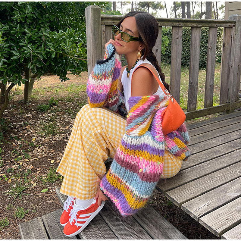 Chunky Cardigan - Women's Colorful Striped Open Front Knitted Cardigan-Grace Aura