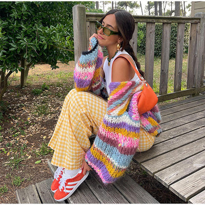 Chunky Cardigan - Women's Colorful Striped Open Front Knitted Cardigan-Grace Aura