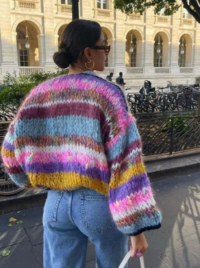 Chunky Cardigan - Women's Colorful Striped Open Front Knitted Cardigan-Grace Aura