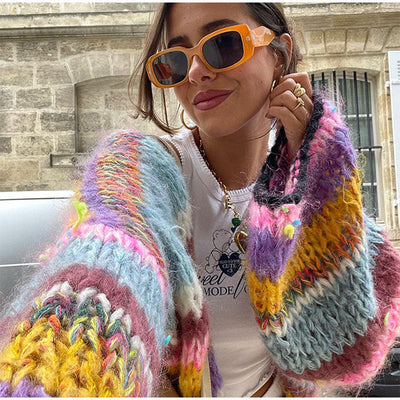 Chunky Cardigan - Women's Colorful Striped Open Front Knitted Cardigan-Grace Aura