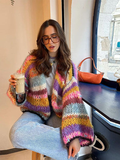 Chunky Cardigan - Women's Colorful Striped Open Front Knitted Cardigan-Grace Aura