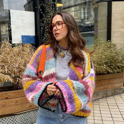 Chunky Cardigan - Women's Colorful Striped Open Front Knitted Cardigan-Grace Aura
