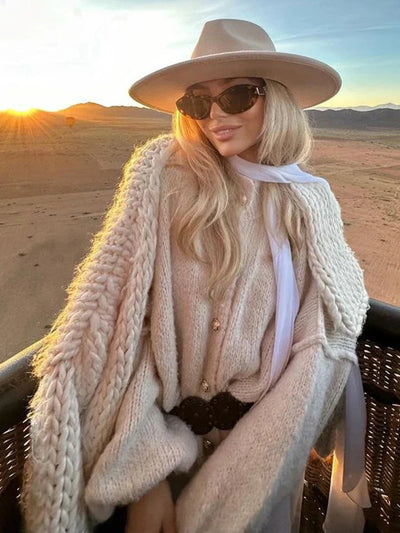 Chunky Cardigan - Women's Oversized High Neck Knitted Cardigan -Grace Aura