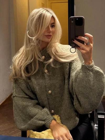 Chunky Cardigan - Women's Oversized High Neck Knitted Cardigan -Grace Aura